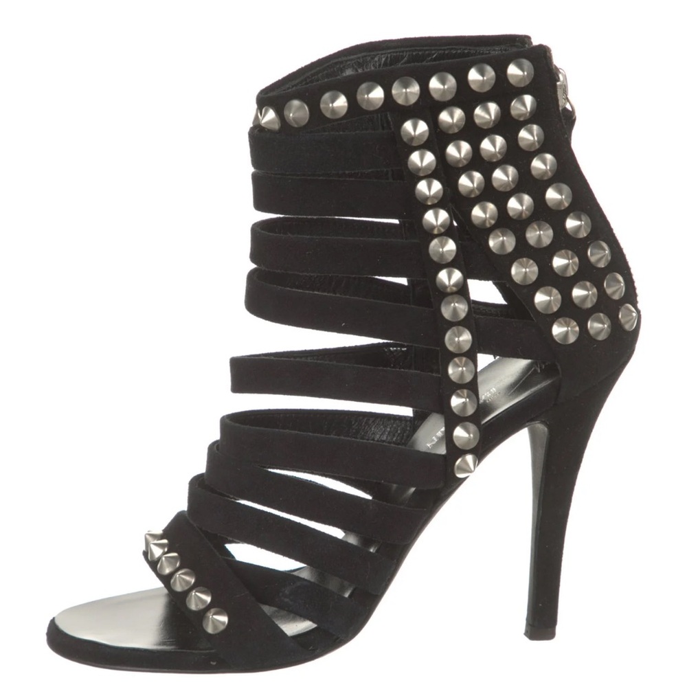 Giuseppe Zanotti x Balmain Black Suede Silver Studded Stilettos women size 7.5